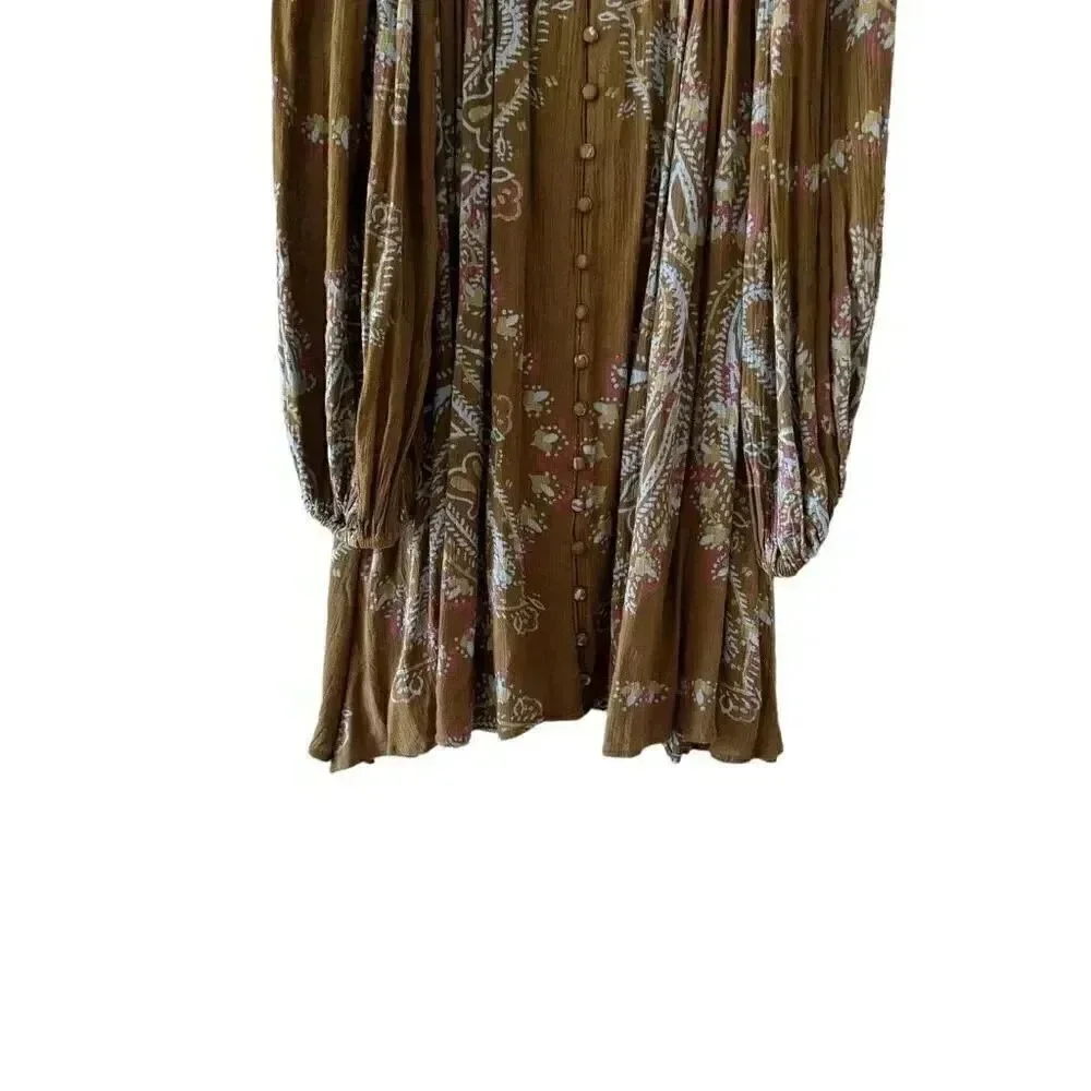 Free People  Brown green hippie babydoll peasant dress balloon sleeves S #1993